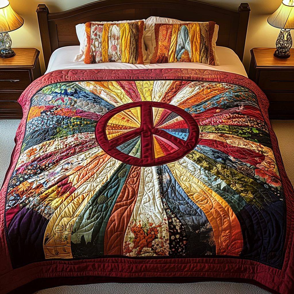 Peaceful Bloom quilted 3-piece bedding set on a made bed with two matching pillow shams