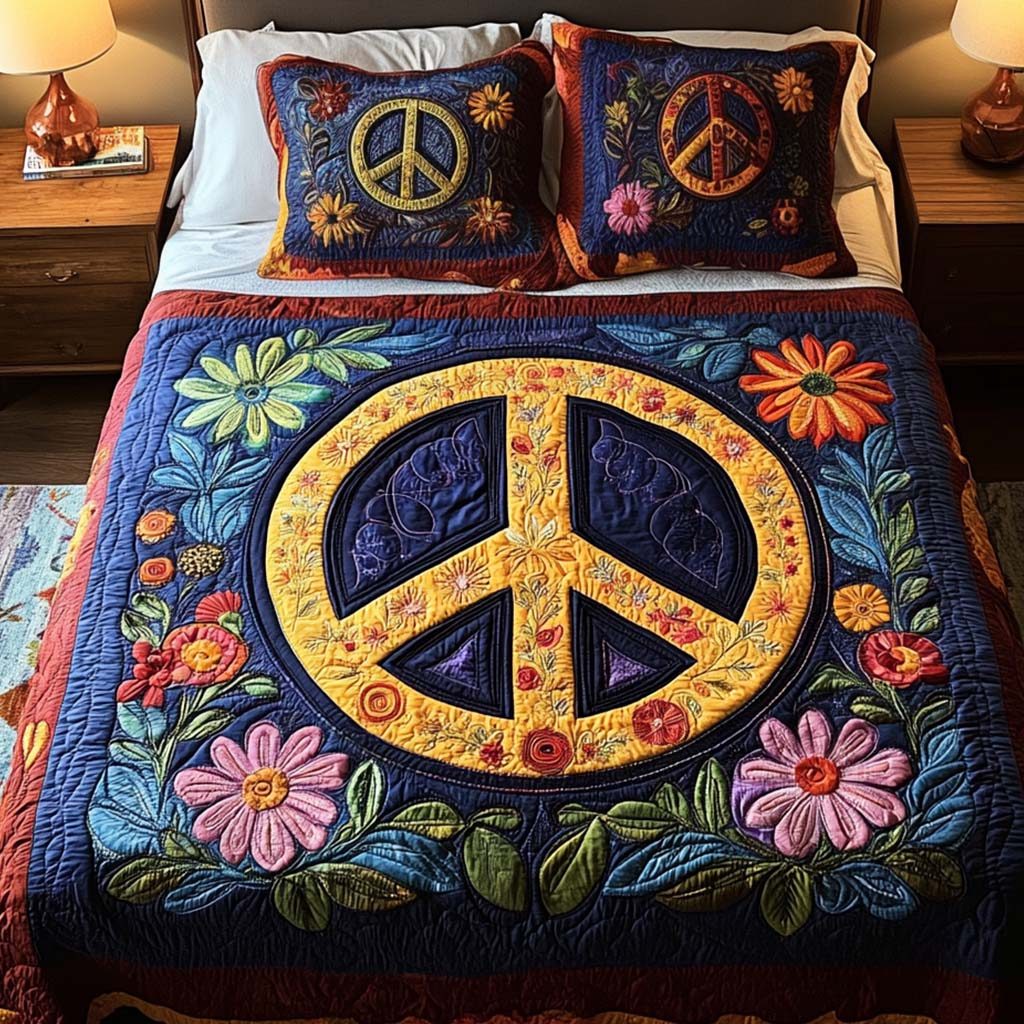 Peaceful Blossoms quilted 3-piece bedding set on a made bed with two matching pillow shams