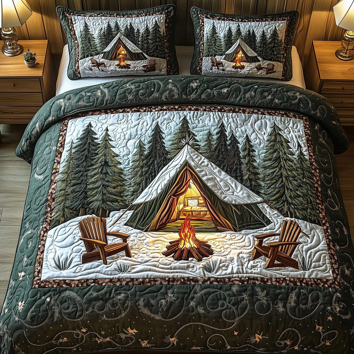 Peaceful Camping Life quilted 3-piece bedding set on a made bed with two matching pillow shams