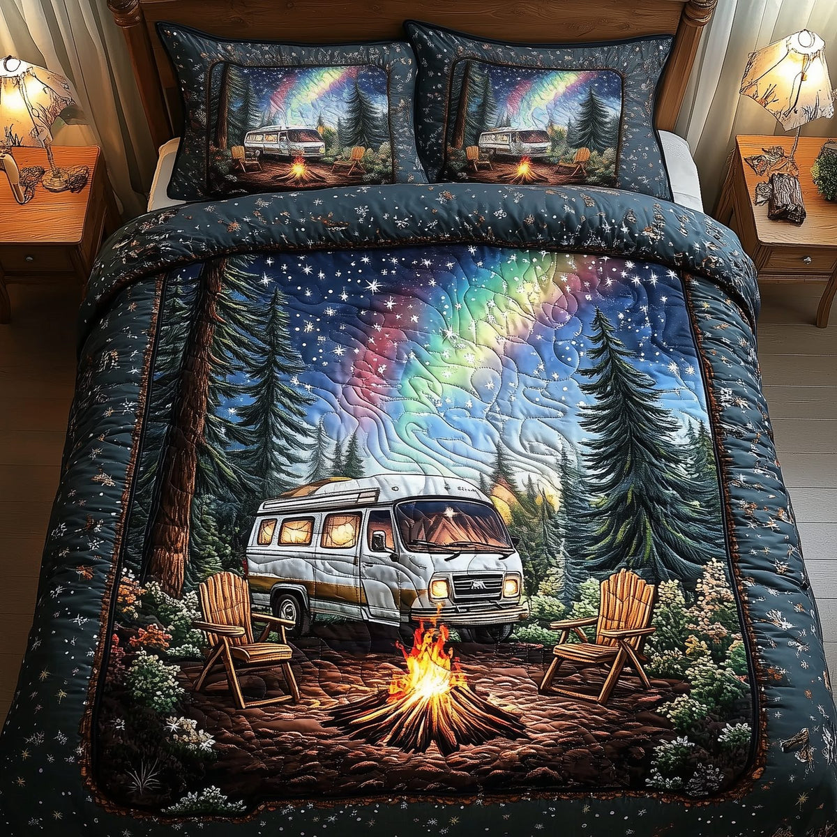 Peaceful Camping quilted 3-piece bedding set on a made bed with two matching pillow shams