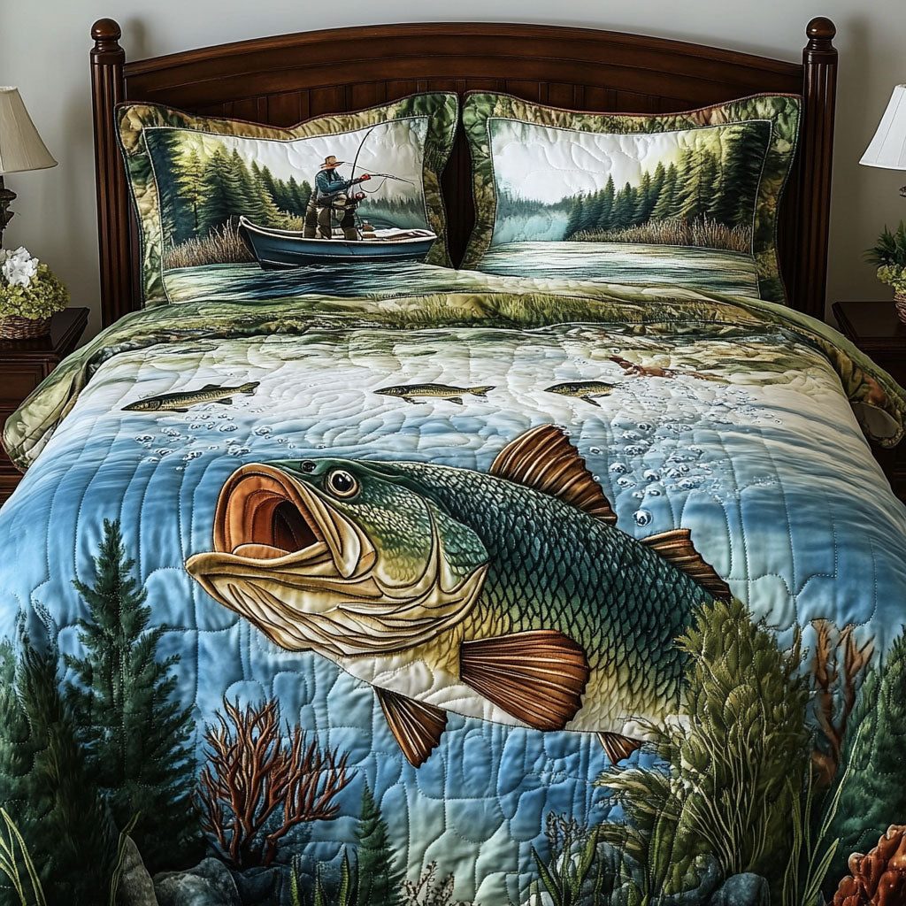 Peaceful Catch quilted 3-piece bedding set on a made bed with two matching pillow shams