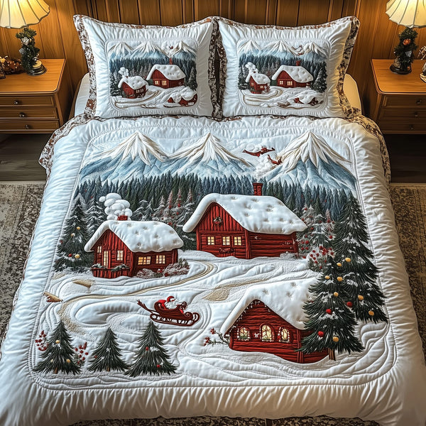 Peaceful Christmas Season quilted 3-piece bedding set on a made bed in a winter-styled bedroom