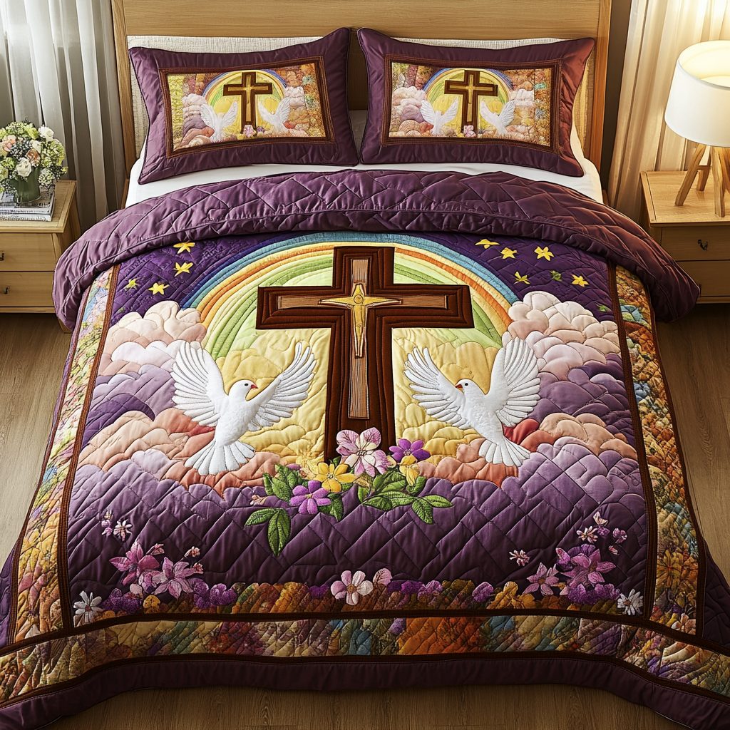 Peaceful Cross Dove quilted 3-piece bedding set on a made bed in a softly lit bedroom