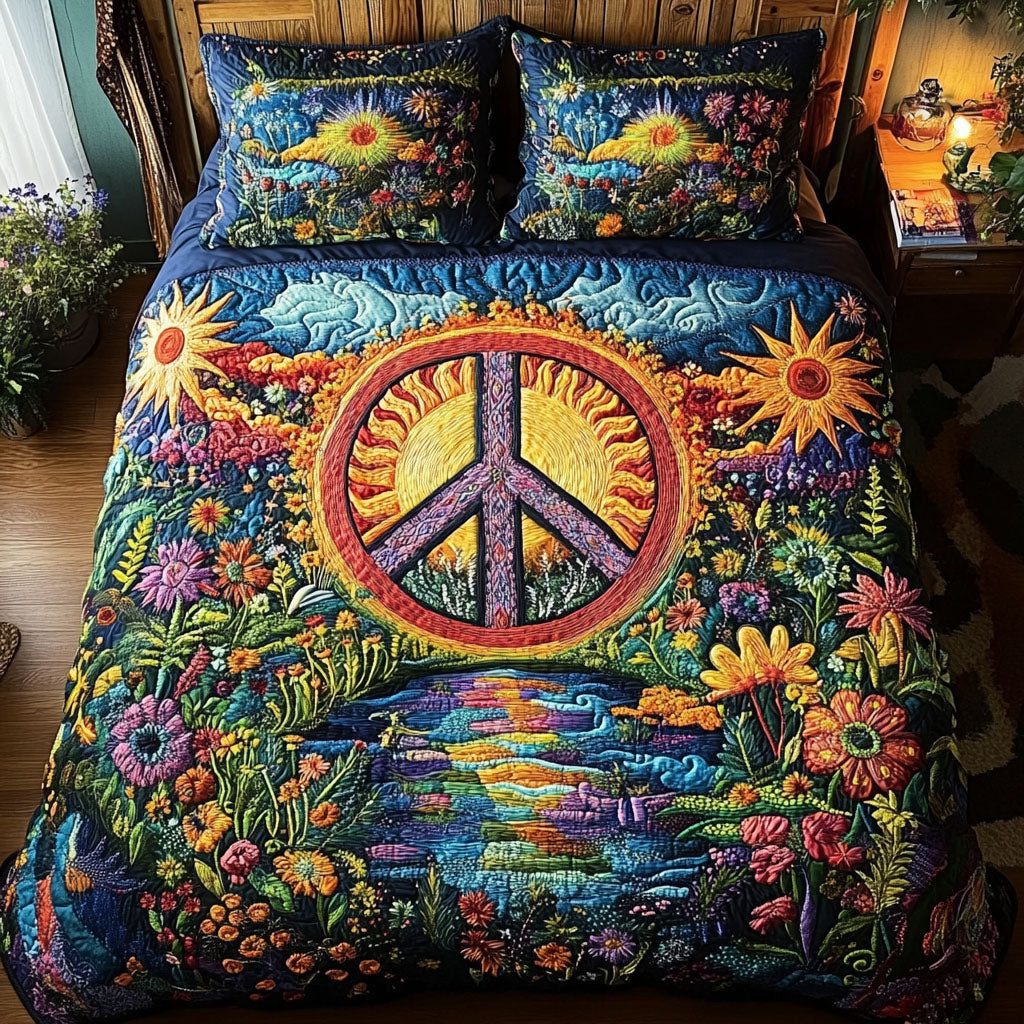 Peaceful Dreams quilted 3-piece bedding set on a made bed with two matching pillow shams