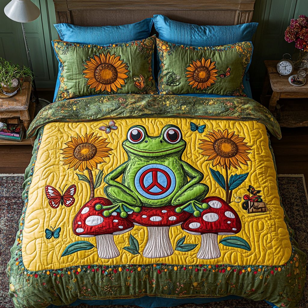Peaceful Frog quilted 3-piece bedding set on a made bed with two matching pillow shams