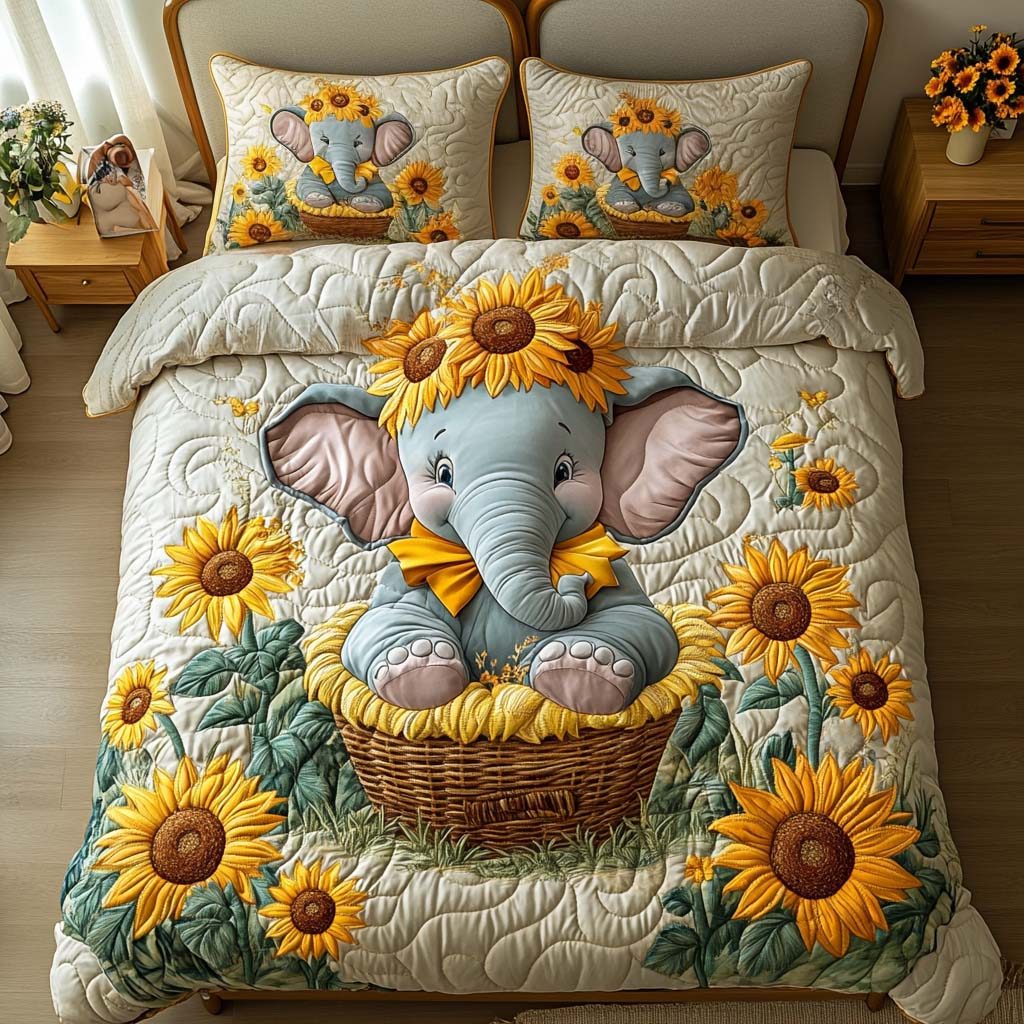 Peaceful Giant quilted 3-piece bedding set on a made bed with two matching pillow shams