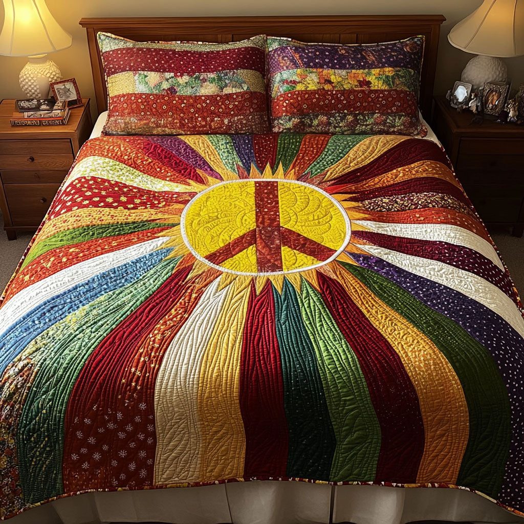 Peaceful Glow quilted 3-piece bedding set on a made bed with two matching pillow shams