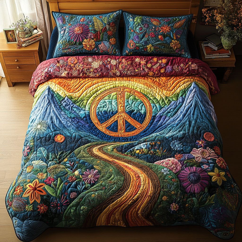 Peaceful Horizons quilted 3-piece bedding set on a made bed with two matching pillow shams