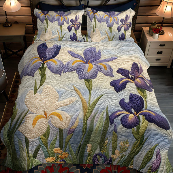 Peaceful Iris quilted 3-piece bedding set on a made bed with two matching pillow shams