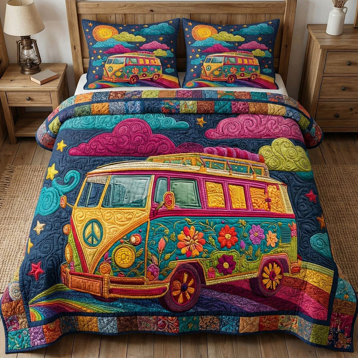 Peaceful Journey quilted 3-piece bedding set on a made bed with two matching pillow shams