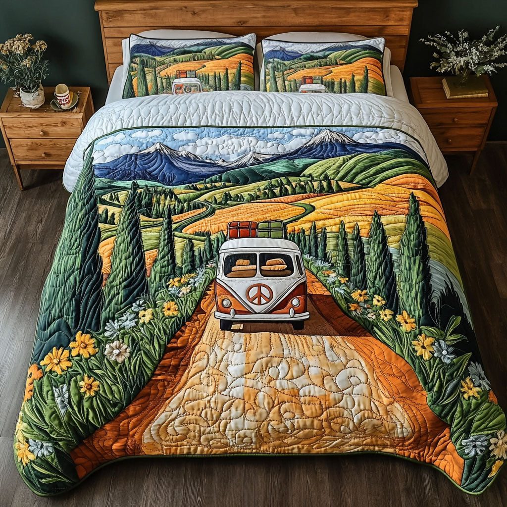 Peaceful Journeys quilted 3-piece bedding set on a made bed with two matching pillow shams