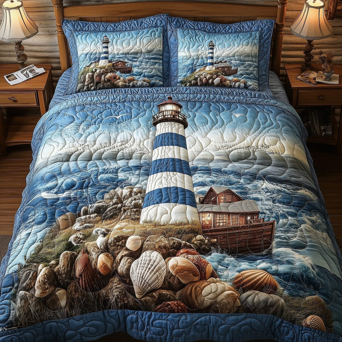 Peaceful Lighthouse quilted 3-piece bedding set on a made bed in a light coastal bedroom