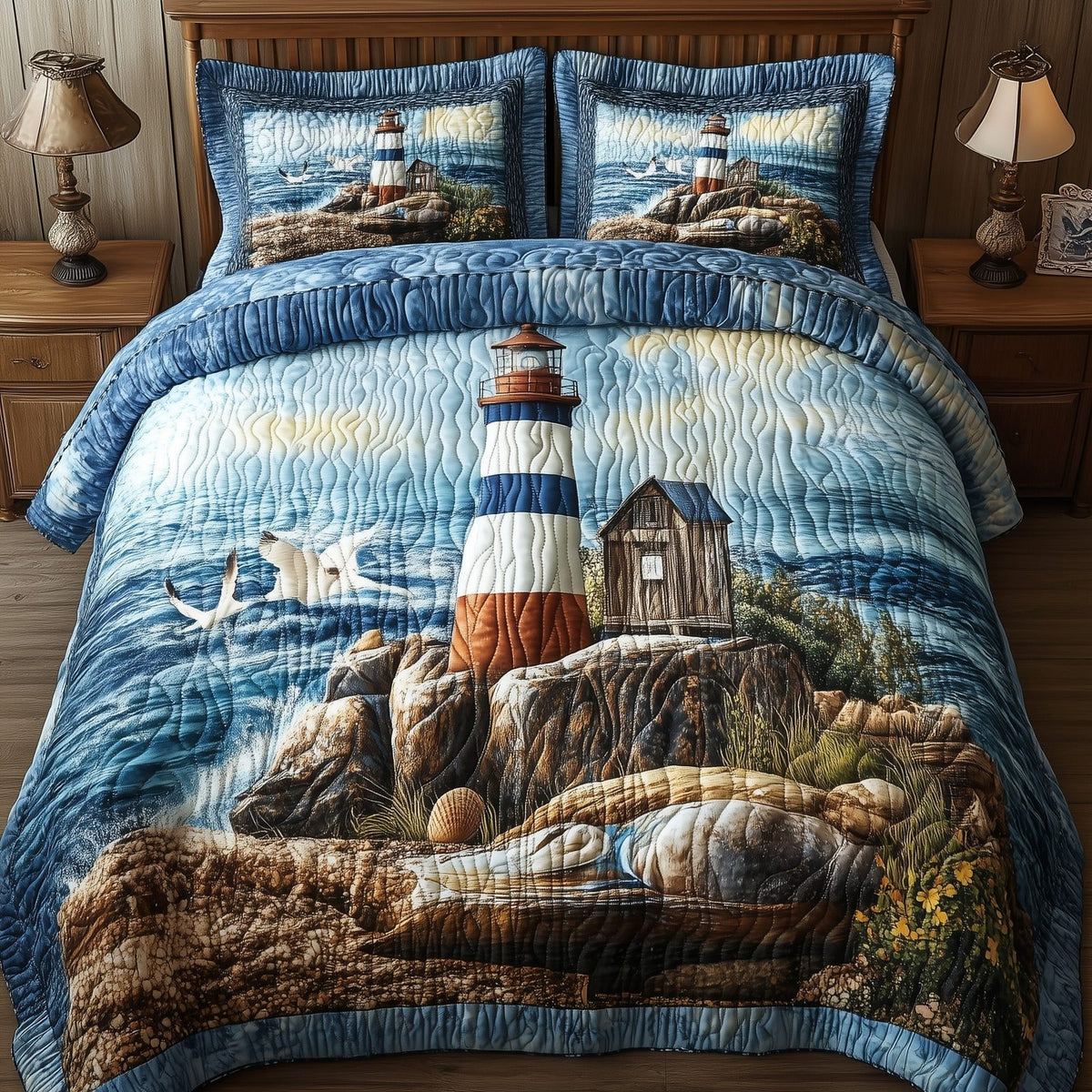 Peaceful Lighthouse quilted 3-piece bedding set on a made bed in a light coastal bedroom