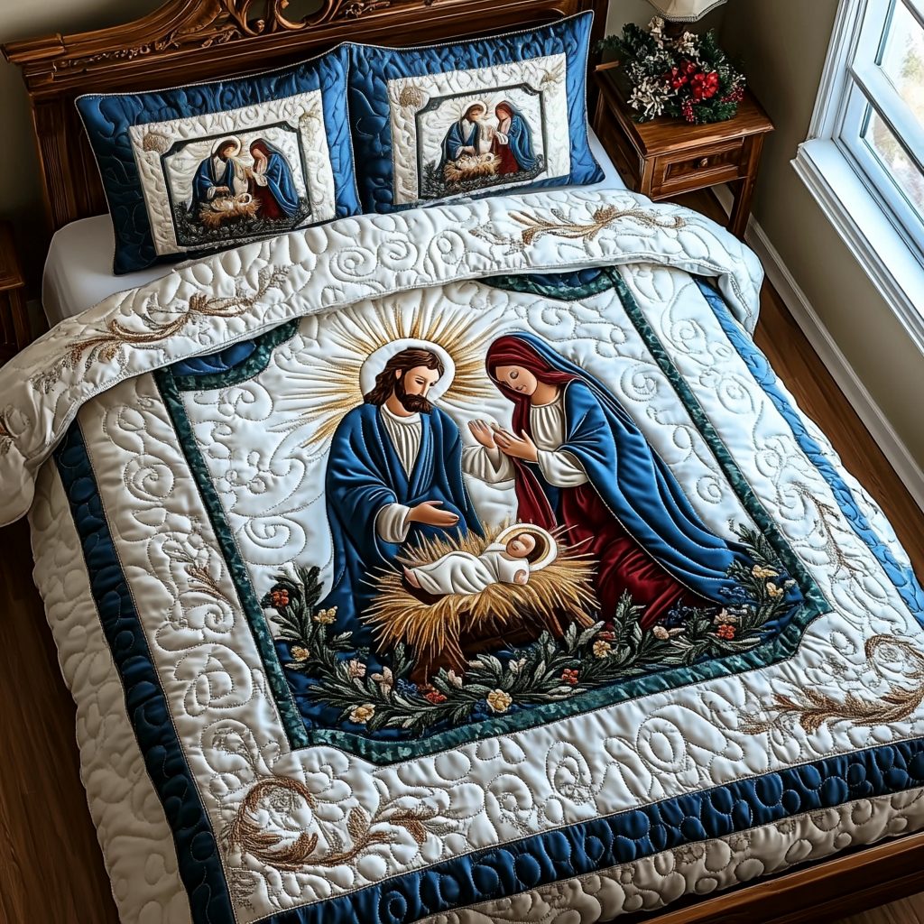 Peaceful Manger quilted 3-piece bedding set on a made bed with two matching pillow shams