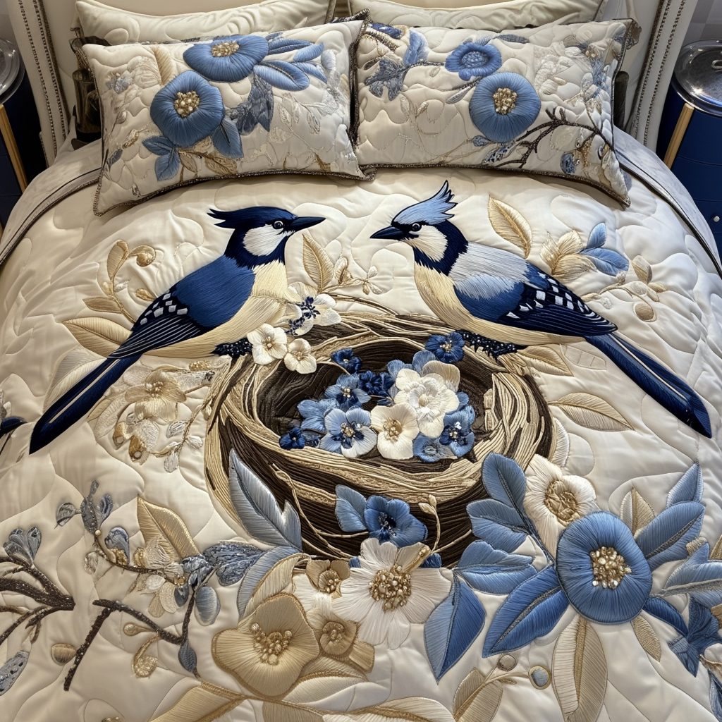 Peaceful Pair quilted 3-piece bedding set on a made bed with two matching pillow shams