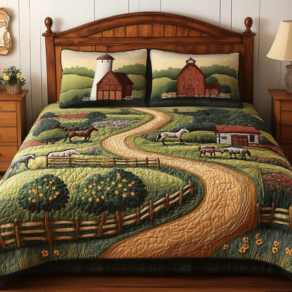Peaceful Pastures quilted 3-piece bedding set on a made bed with two matching pillow shams