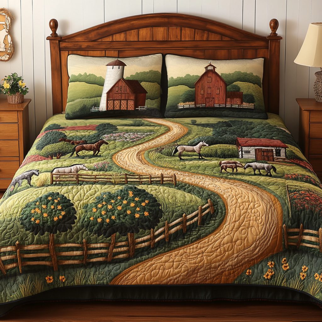 Peaceful Pastures quilted 3-piece bedding set on a made bed with two matching pillow shams