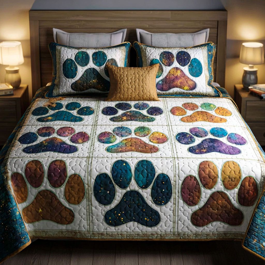 Peaceful Paw quilted 3-piece bedding set on a made bed with two matching pillow shams