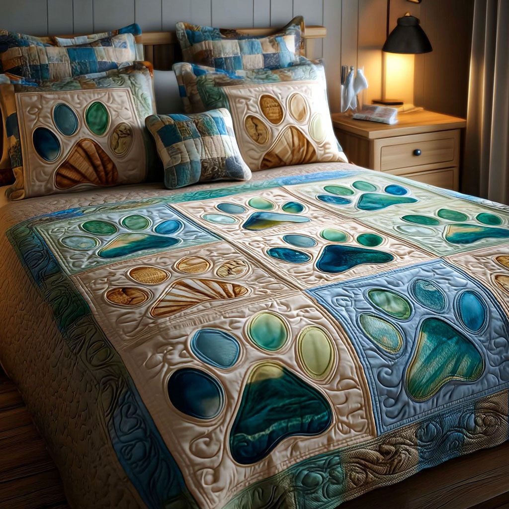Peaceful Paws quilted 3-piece bedding set on a made bed with two matching pillow shams
