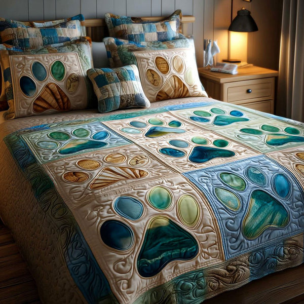 Peaceful Paws quilted 3-piece bedding set on a made bed with two matching pillow shams