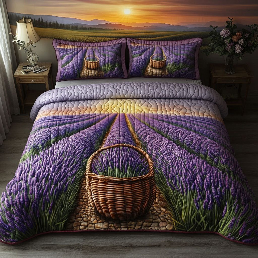 Peaceful Petals quilted 3-piece bedding set on a made bed with two matching pillow shams
