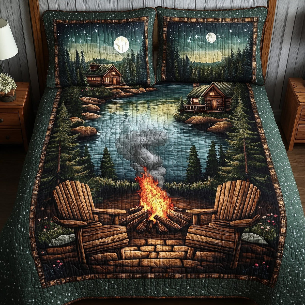 Peaceful Retreat quilted 3-piece bedding set on a made bed with two matching pillow shams