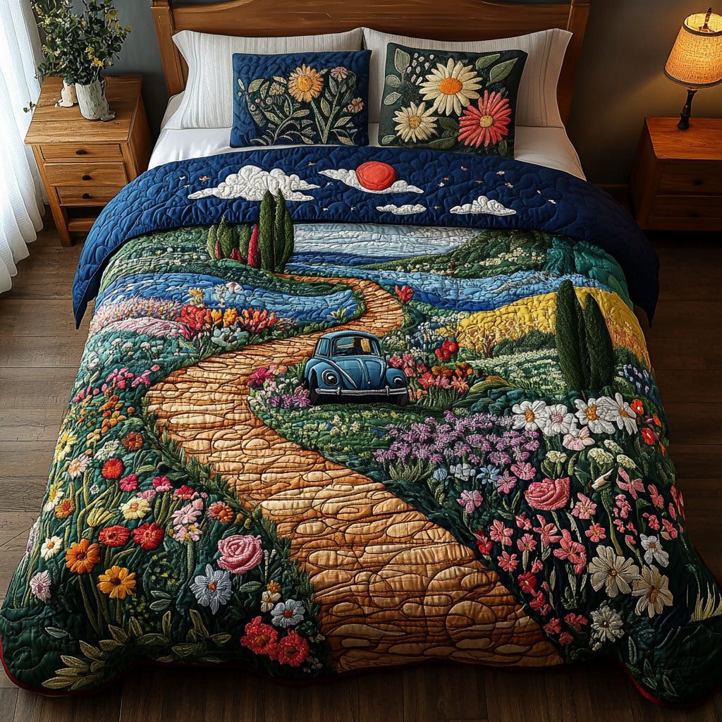 Peaceful Ride quilted 3-piece bedding set on a made bed with two matching pillow shams