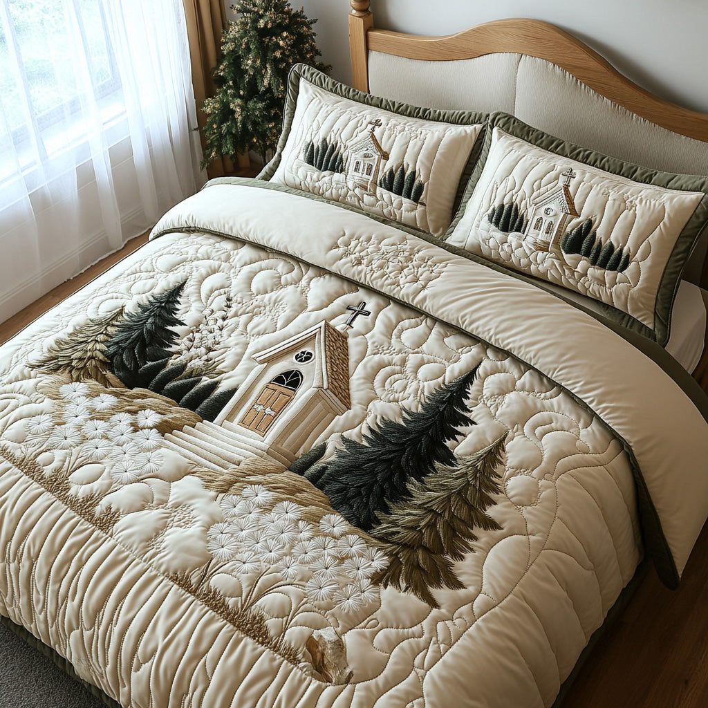 Peaceful Sanctuary quilted 3-piece bedding set on a made bed with two matching pillow shams