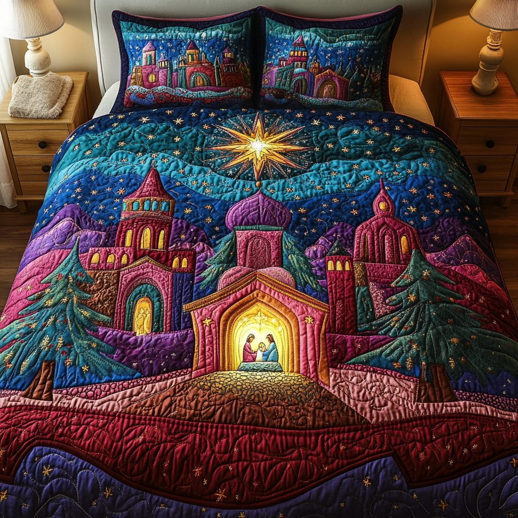 Peaceful Serenity quilted 3-piece bedding set on a made bed with two matching pillow shams