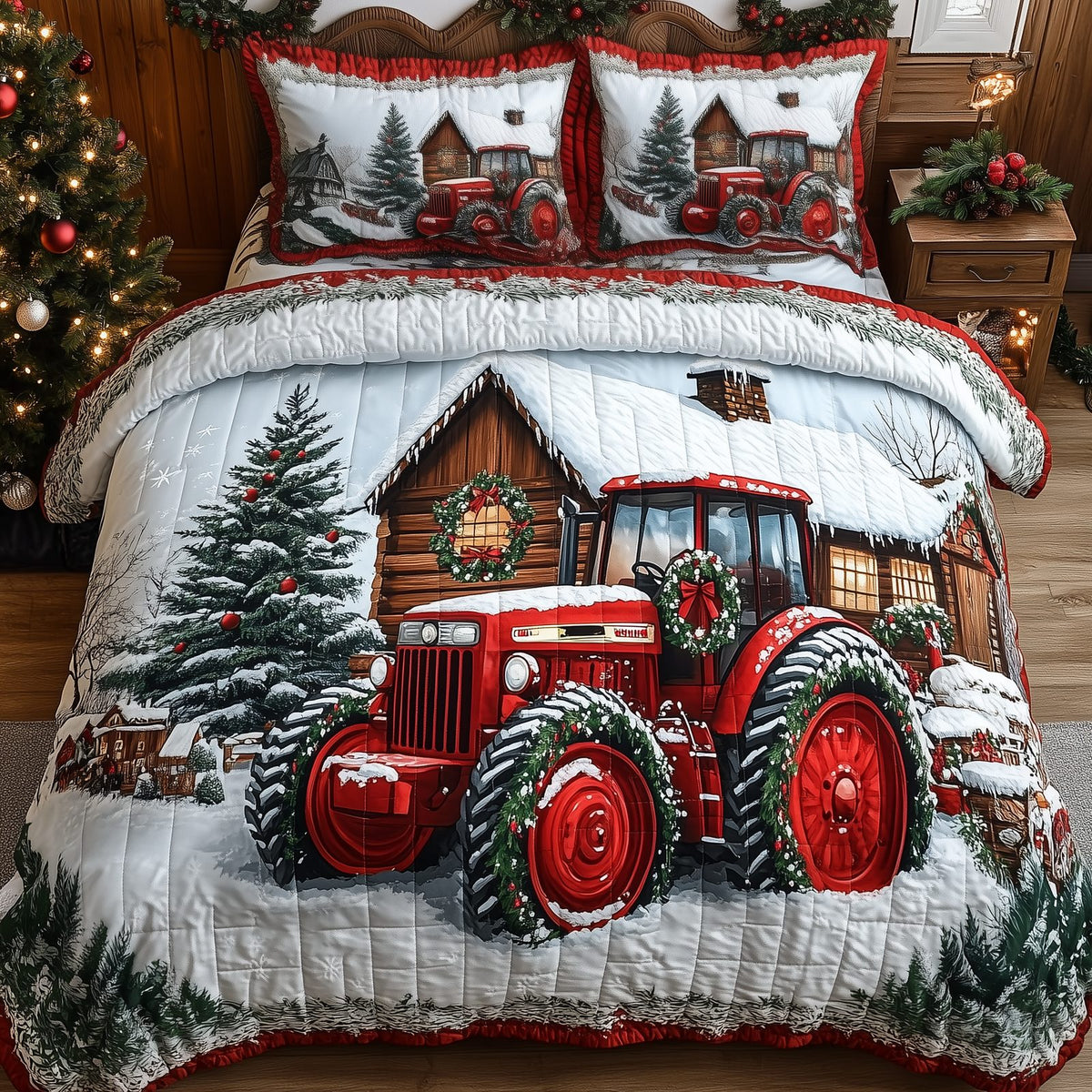 Peaceful Snowy Farmhouse quilted 3-piece bedding set on a made bed in a farmhouse bedroom