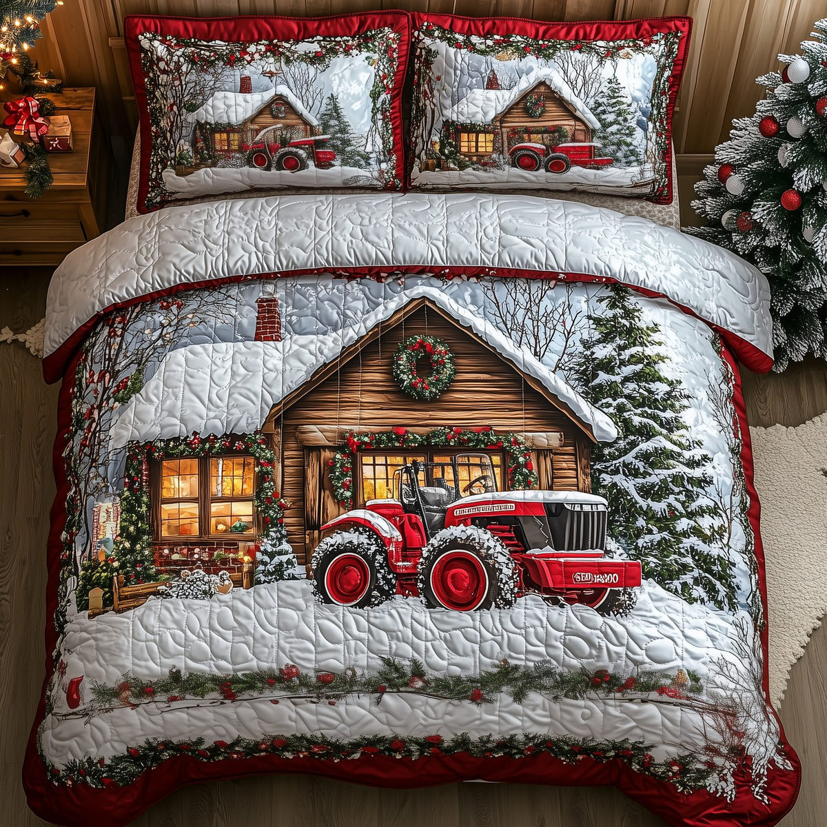 Peaceful Snowy Farmhouse quilted 3-piece bedding set on a made bed in a farmhouse bedroom