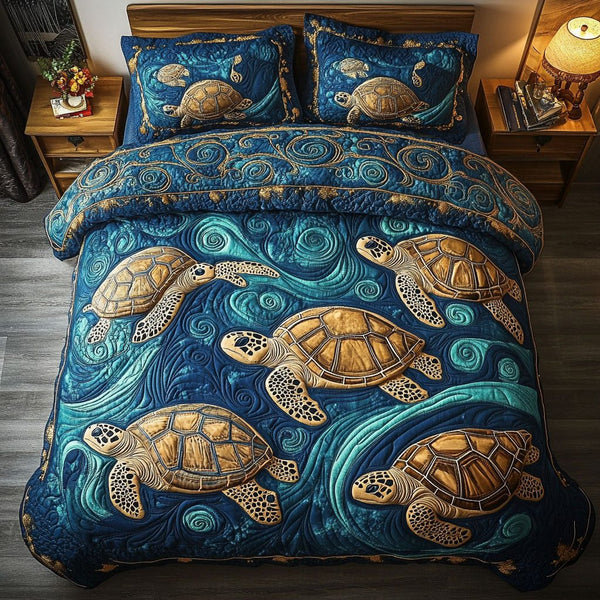 Peaceful Turtle Pond quilted 3-piece bedding set on a made bed in a light coastal bedroom