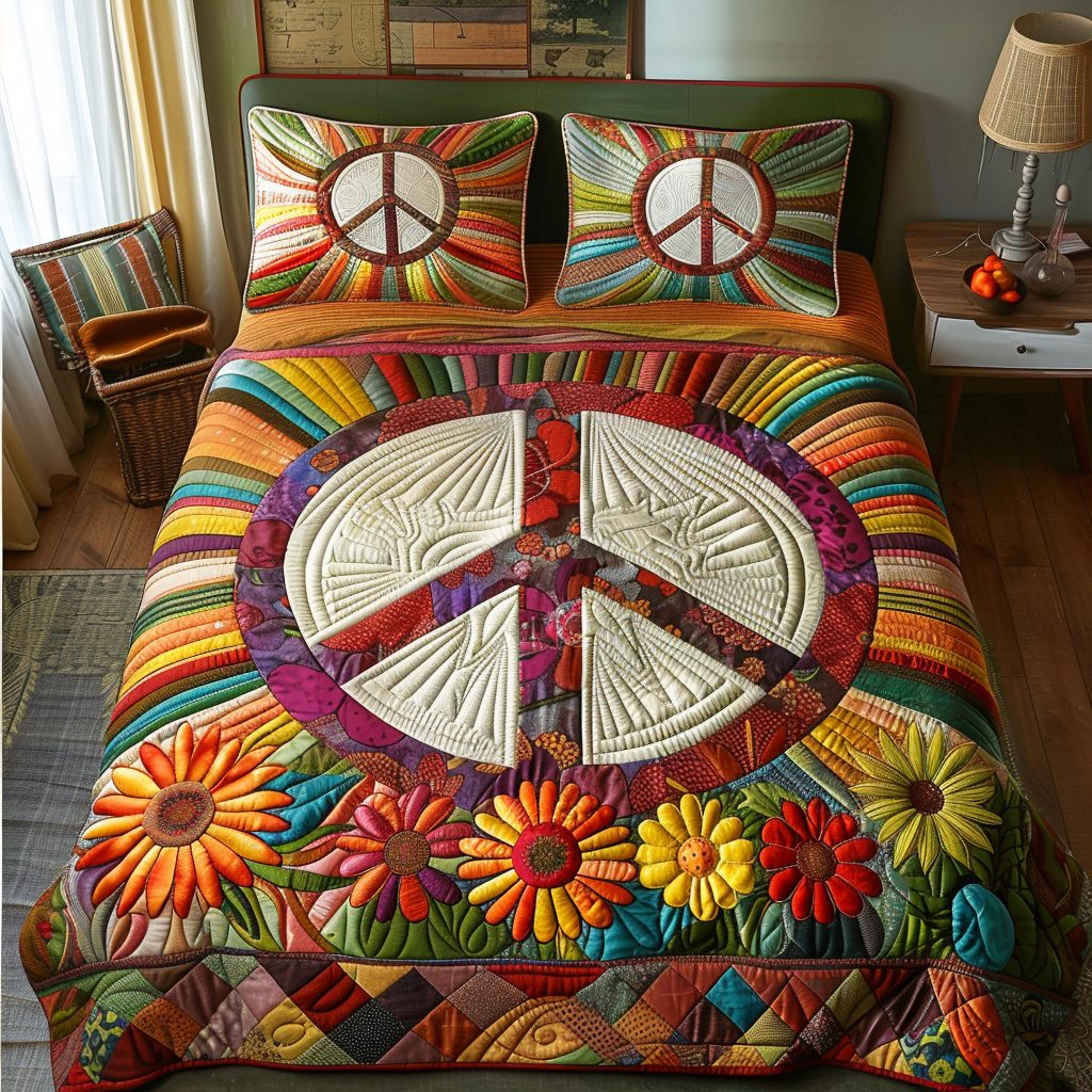 Peaceful Vibes quilted 3-piece bedding set on a made bed with two matching pillow shams