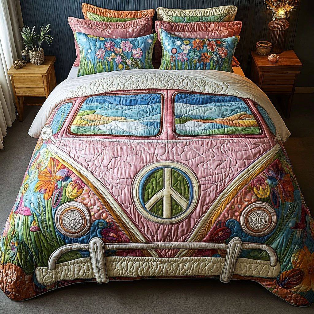 Peaceful Wanderlust quilted 3-piece bedding set on a made bed with two matching pillow shams