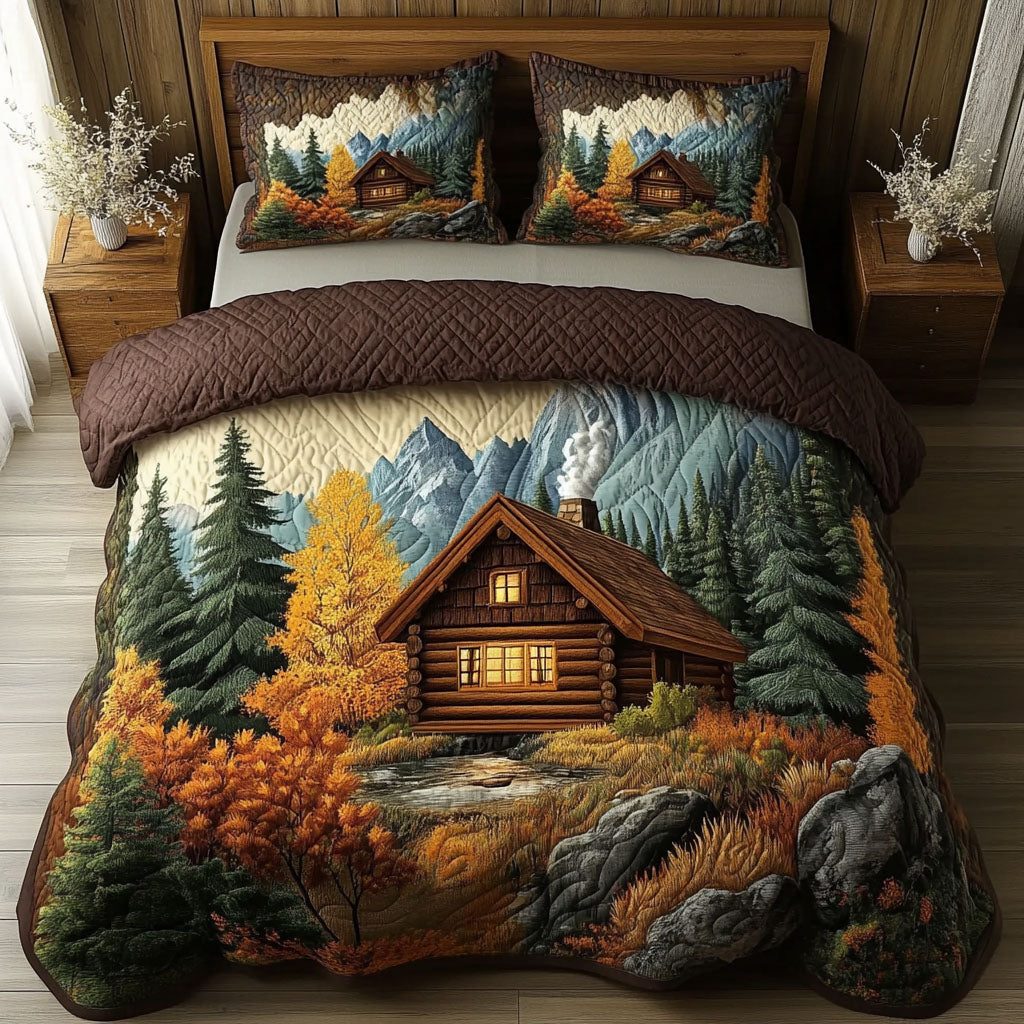 Peaceful Waterscape quilted 3-piece bedding set on a made bed with two matching pillow shams