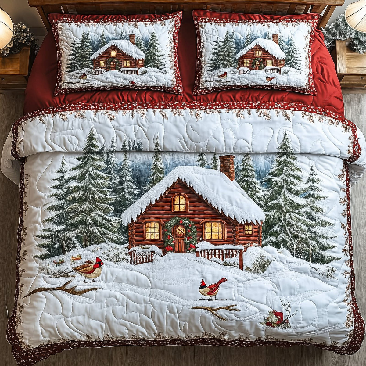 Peaceful Winter Cabin quilted 3-piece bedding set on a made bed in a winter-styled bedroom