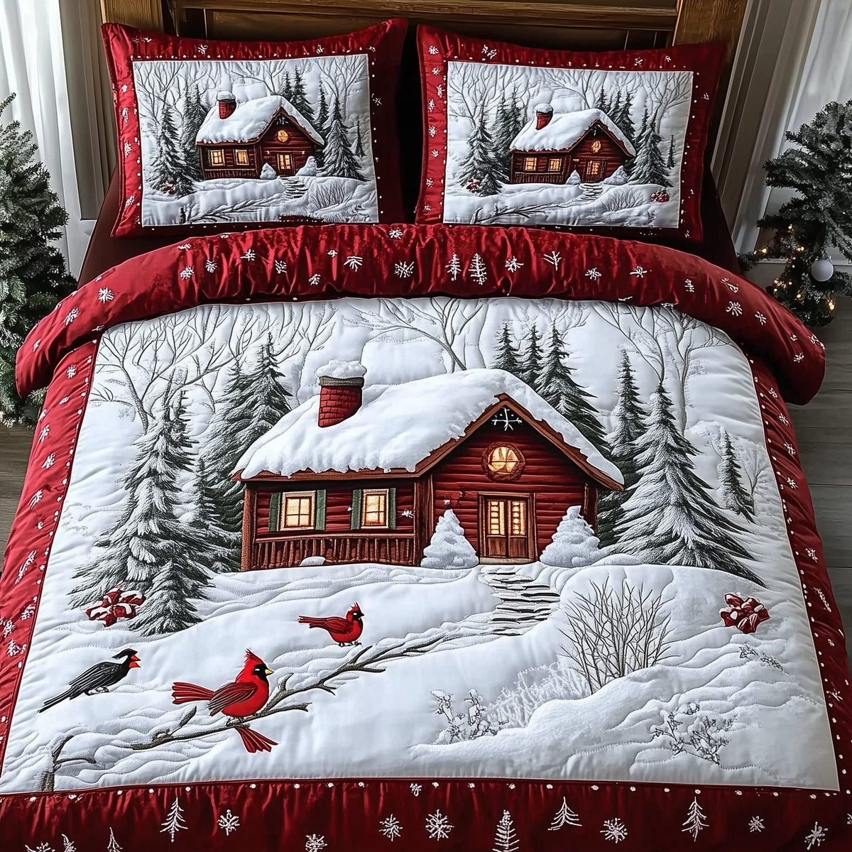 Peaceful Winter Cabin quilted 3-piece bedding set on a made bed in a winter-styled bedroom