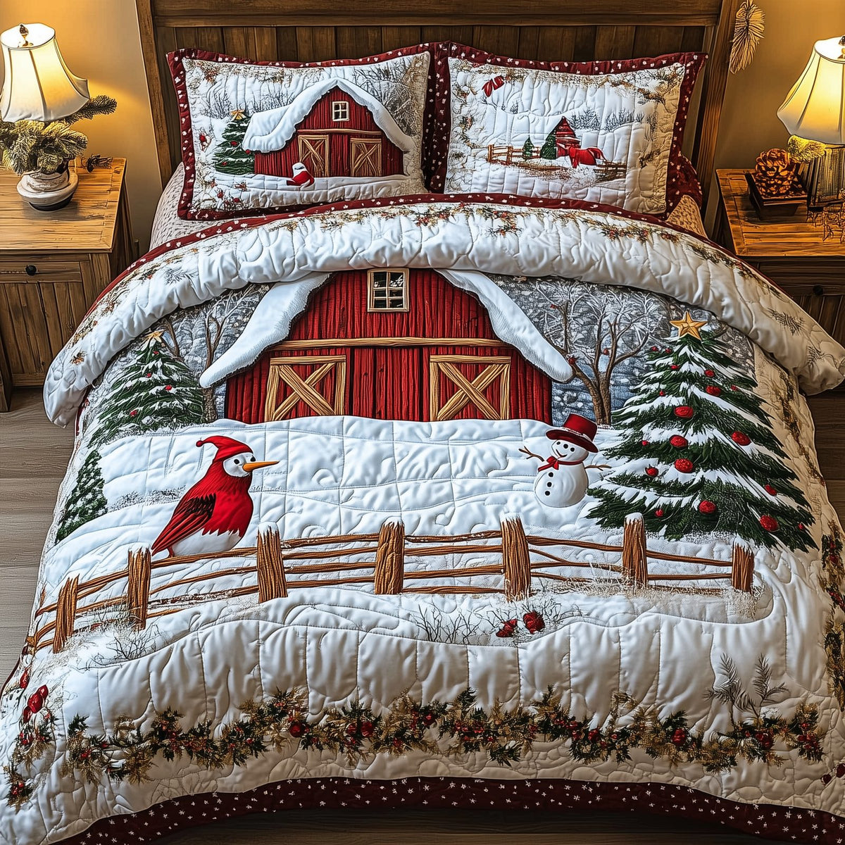 Peaceful Winter Farmhouse quilted 3-piece bedding set on a made bed in a winter-styled bedroom