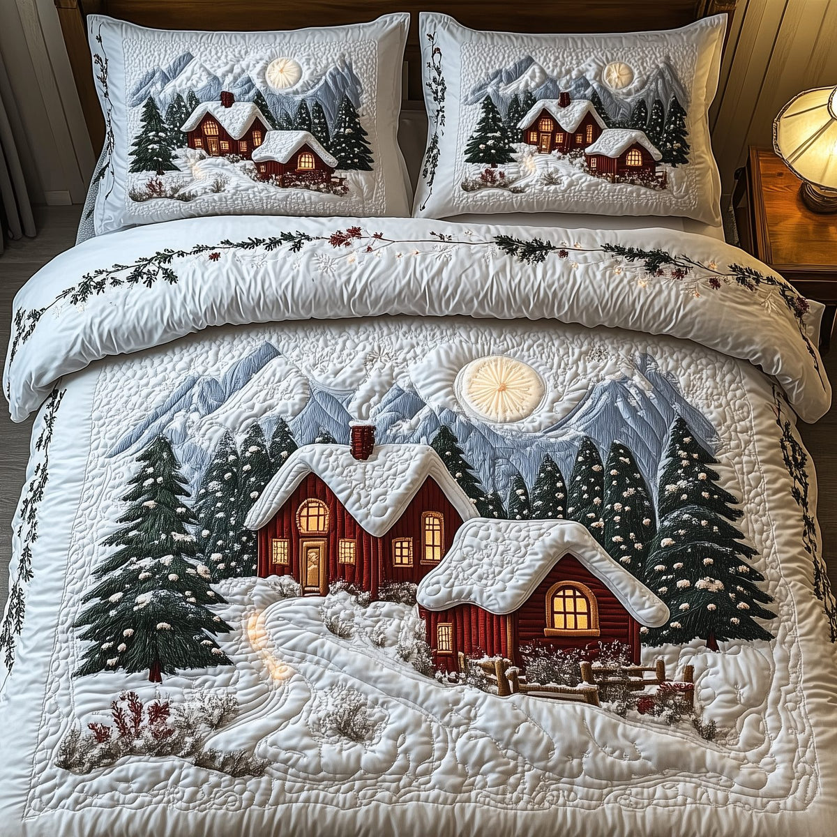 Peaceful Winter House quilted 3-piece bedding set on a made bed in a winter-styled bedroom