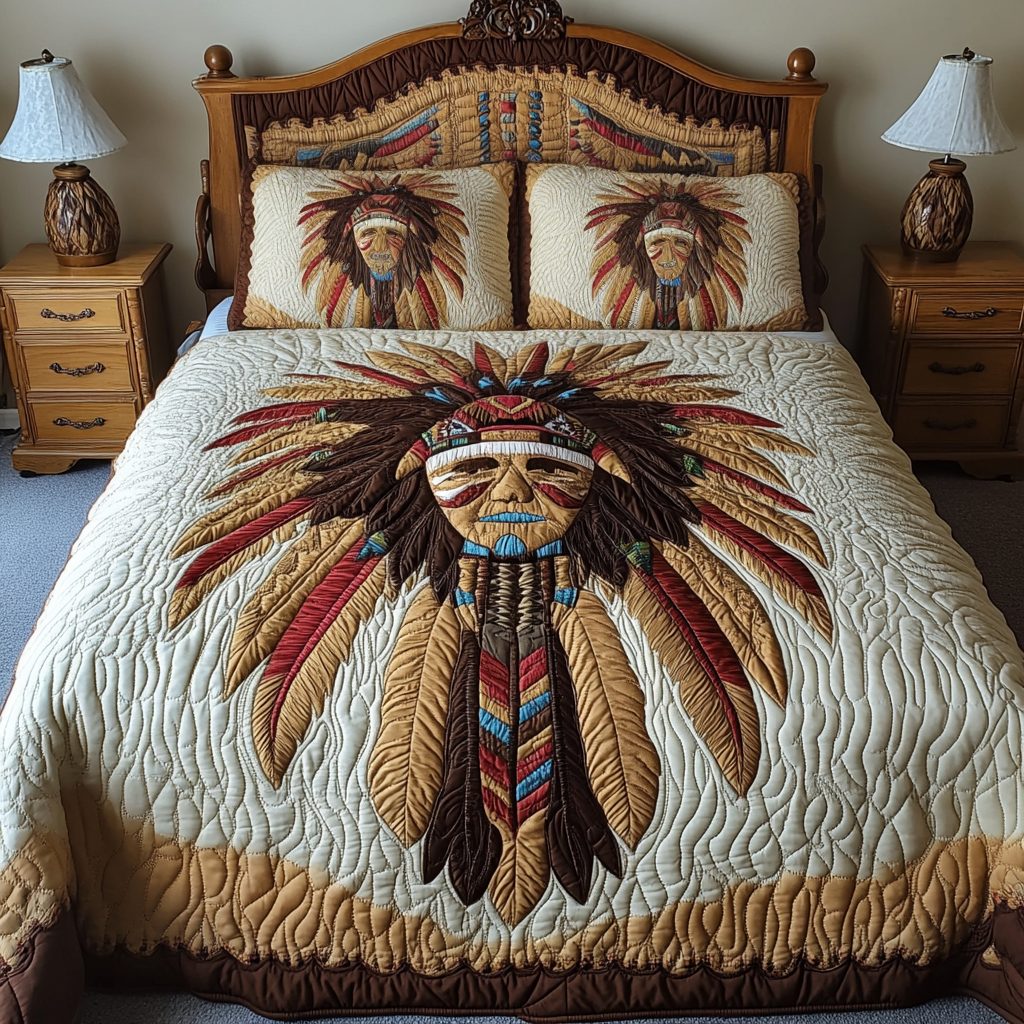Peacemakers Path quilted 3-piece bedding set on a made bed with two matching pillow shams