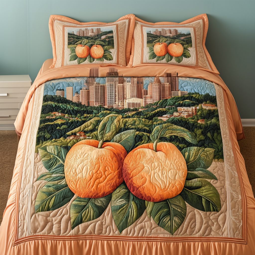 Peachy George Escape quilted 3-piece bedding set on a made bed with two matching pillow shams
