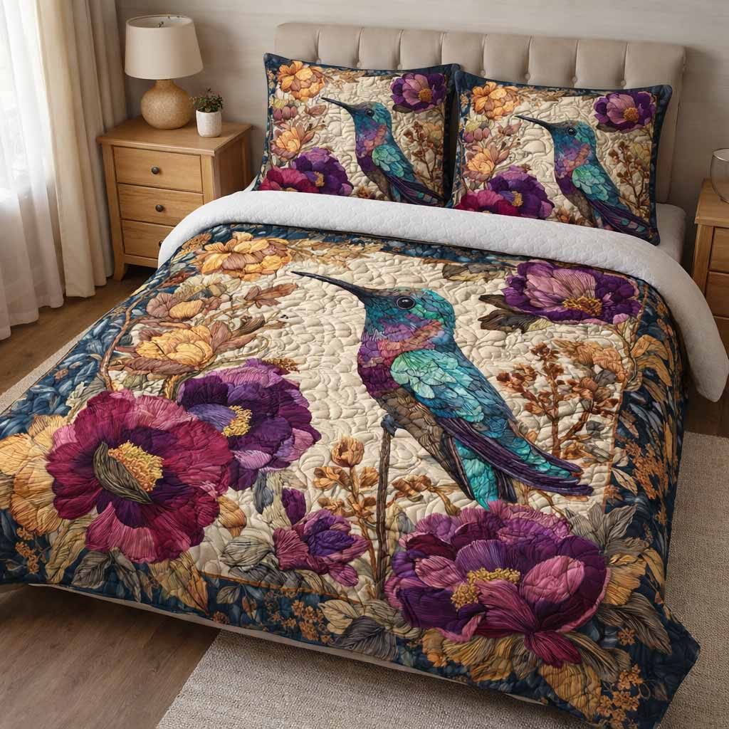Peacock Bloom quilted 3-piece bedding set on a made bed with two matching pillow shams
