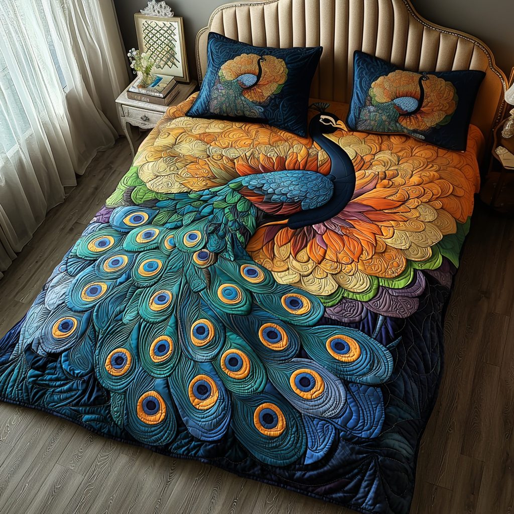 Peacock Charm quilted 3-piece bedding set on a made bed with two matching pillow shams