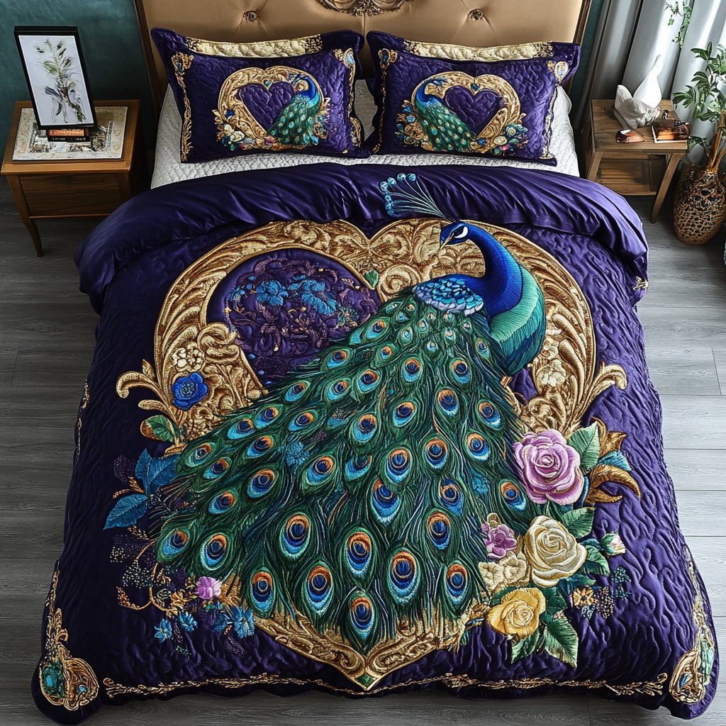Peacock Dreams quilted 3-piece bedding set on a made bed with two matching pillow shams