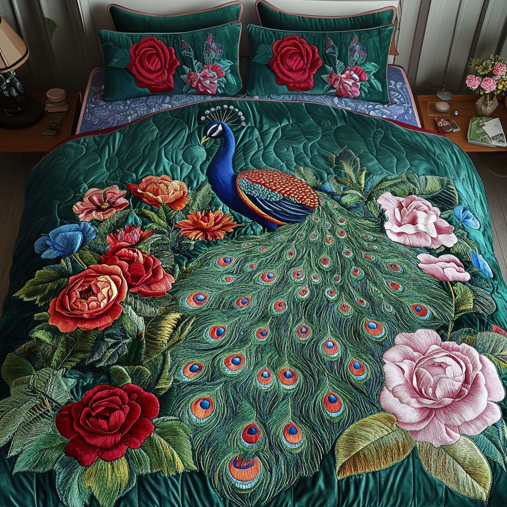 Peacock Garden Bliss quilted 3-piece bedding set on a made bed with two matching pillow shams