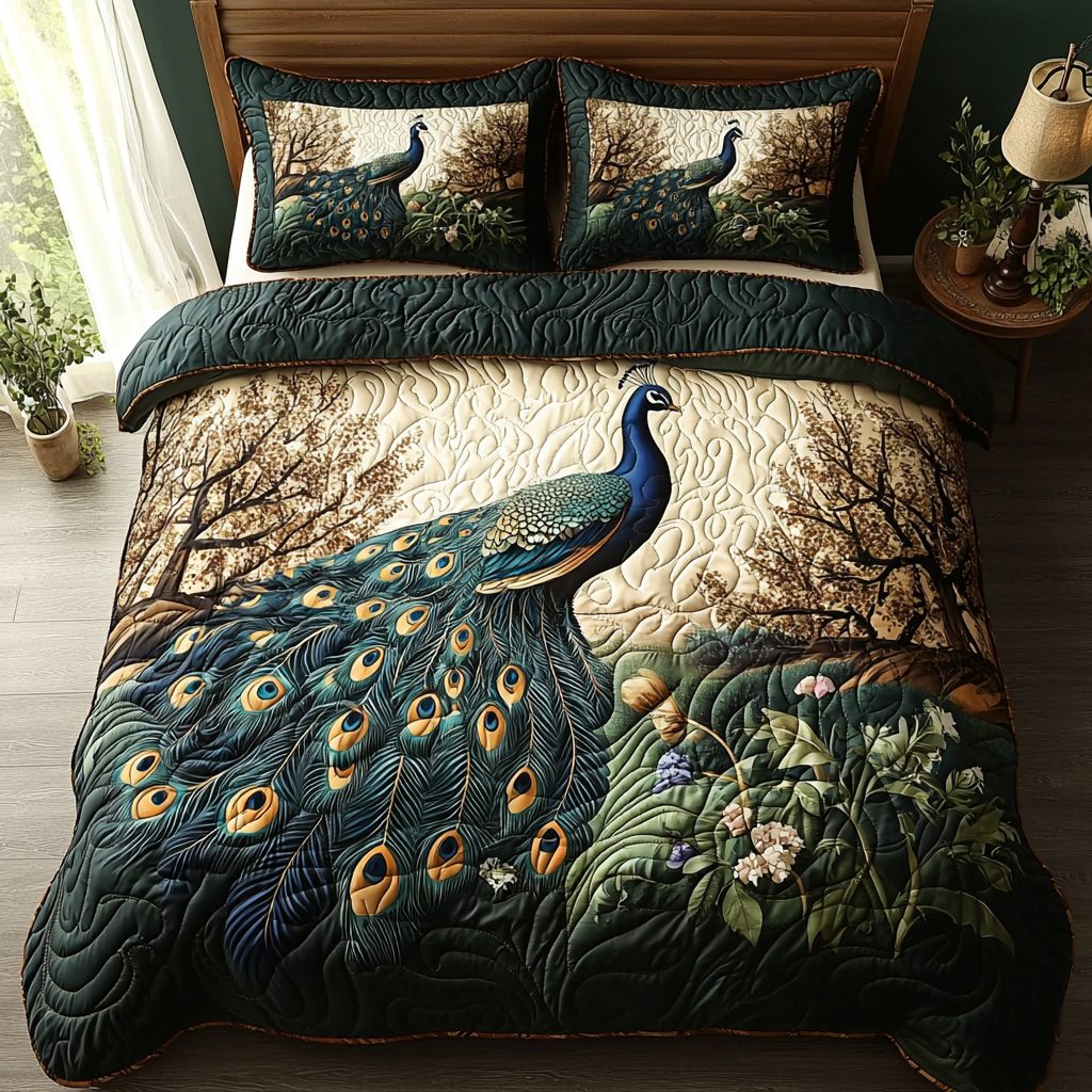 Peacock Garden quilted 3-piece bedding set on a made bed with two matching pillow shams