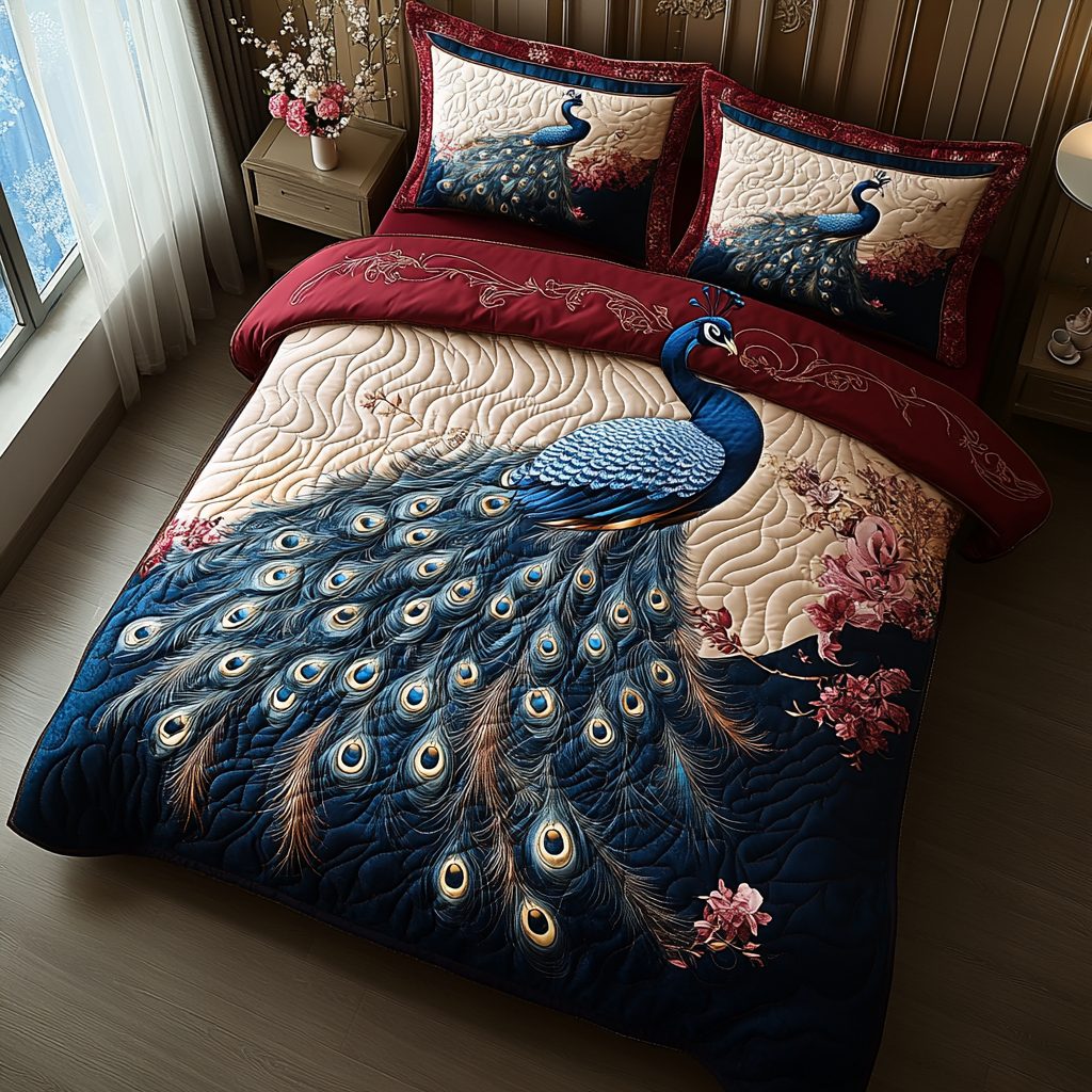 Peacock Glory quilted 3-piece bedding set on a made bed with two matching pillow shams