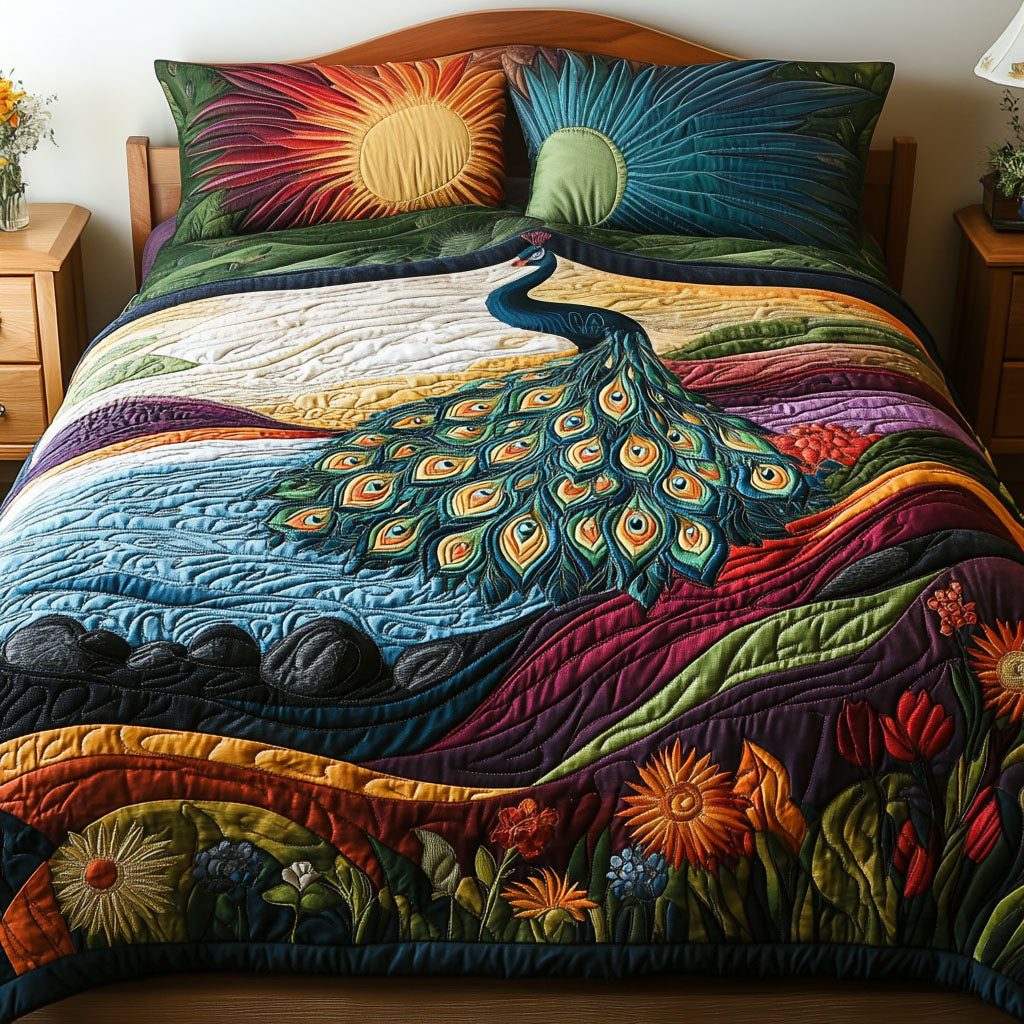 Peacock in Bloom quilted 3-piece bedding set on a made bed with two matching pillow shams