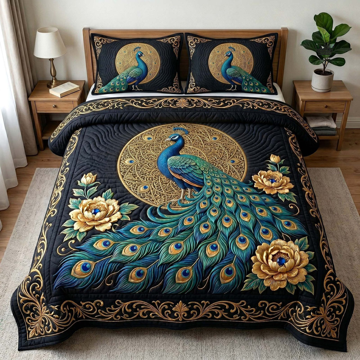 Peacock Majesty quilted 3-piece bedding set on a made bed with two matching pillow shams
