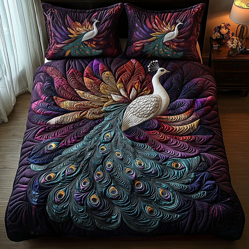 Peacock Mist quilted 3-piece bedding set on a made bed with two matching pillow shams